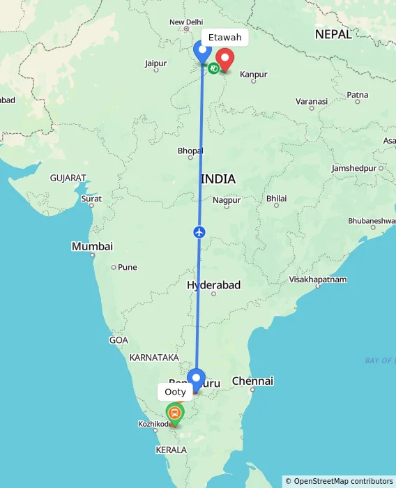 Route map showing distance and travel time from Ooty, India to Etawah, India