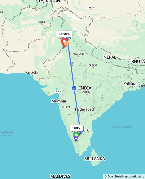 Route map showing distance and travel time from Ooty, India to Fazilka, India