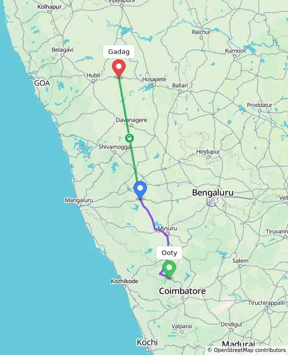 Route map showing distance and travel time from Ooty, India to Gadag, India