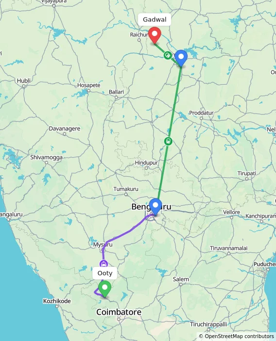 Route map showing distance and travel time from Ooty, India to Gadwal, India