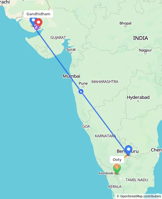 Route map showing distance and travel time from Ooty, India to Gandhidham, India