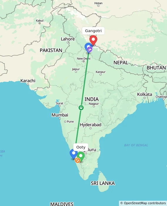 Route map showing distance and travel time from Ooty, India to Gangotri, India