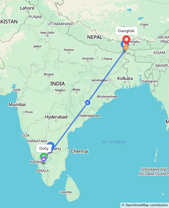 Route map showing distance and travel time from Ooty, India to Gangtok, India