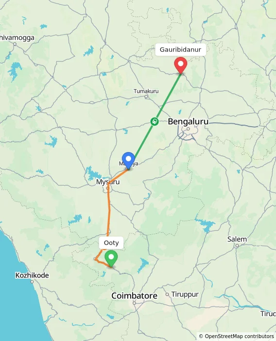 Route map showing distance and travel time from Ooty, India to Gauribidanur, India