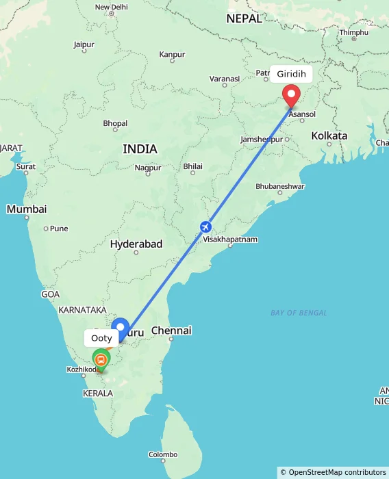 Route map showing distance and travel time from Ooty, India to Giridih, India