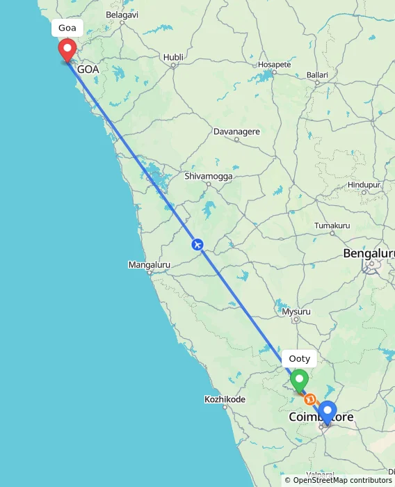 Route map showing distance and travel time from Ooty, India to Goa, India