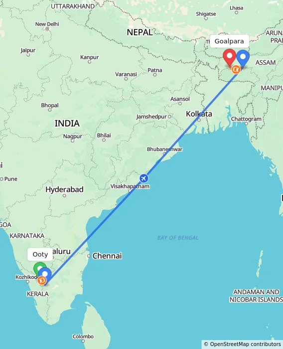 Route map showing distance and travel time from Ooty, India to Goalpara, India