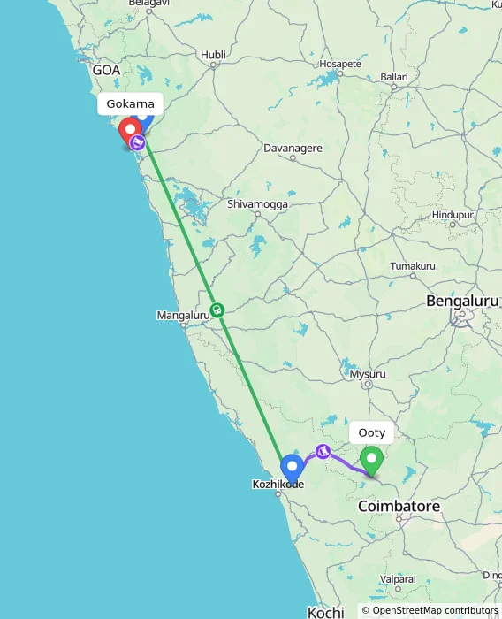 Route map showing distance and travel time from Ooty, India to Gokarna, India