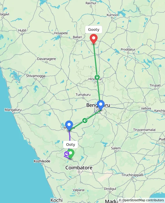 Route map showing distance and travel time from Ooty, India to Gooty, India