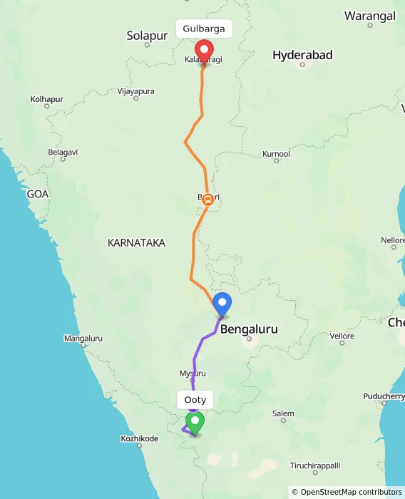 Route map showing distance and travel time from Ooty, India to Gulbarga, India