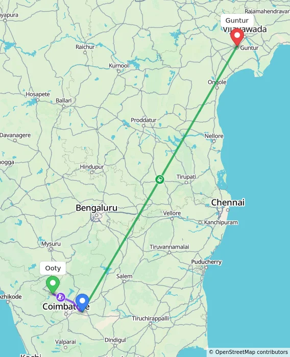 Route map showing distance and travel time from Ooty, India to Guntur, India