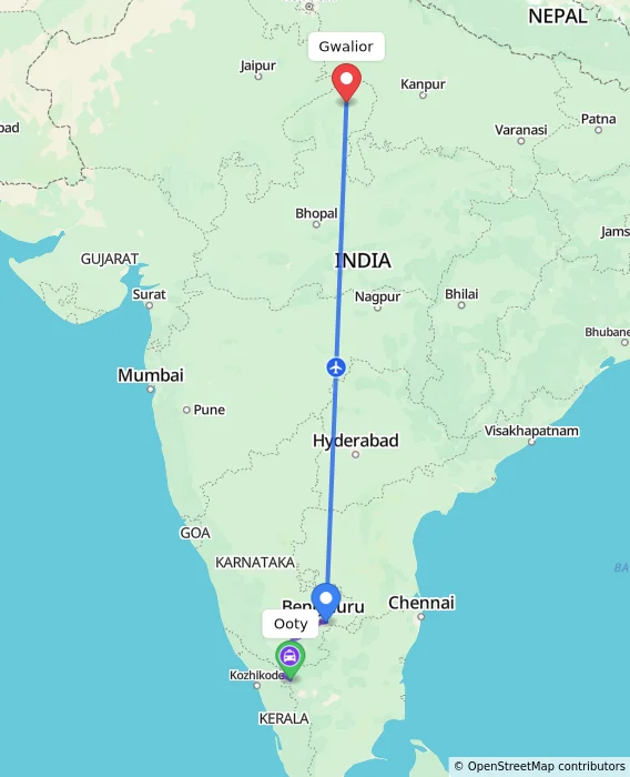 Route map showing distance and travel time from Ooty, India to Gwalior, India