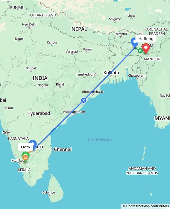 Route map showing distance and travel time from Ooty, India to Haflong, India