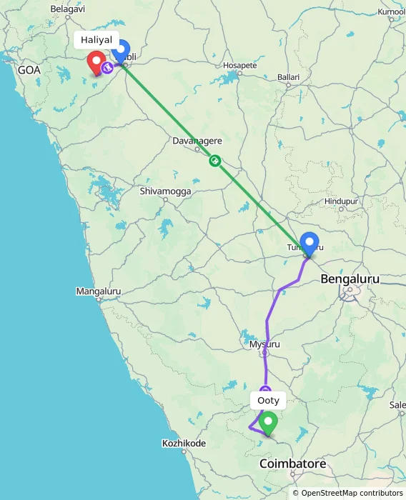 Route map showing distance and travel time from Ooty, India to Haliyal, India