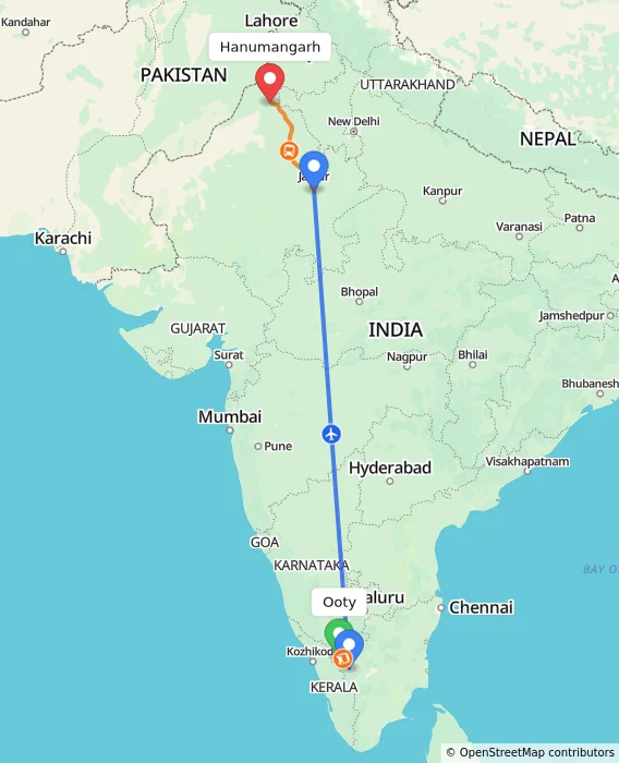Route map showing distance and travel time from Ooty, India to Hanumangarh, India