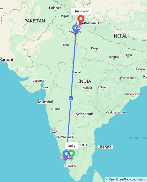 Route map showing distance and travel time from Ooty, India to Haridwar, India