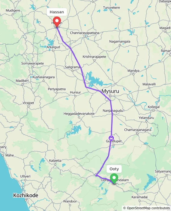 Route map showing distance and travel time from Ooty, India to Hassan, India