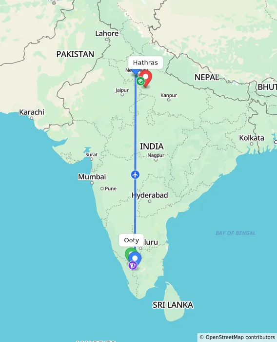 Route map showing distance and travel time from Ooty, India to Hathras, India