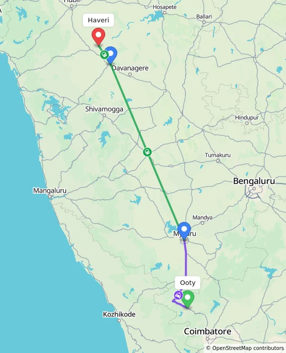 Route map showing distance and travel time from Ooty, India to Haveri, India