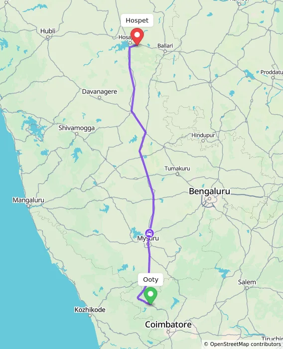 Route map showing distance and travel time from Ooty, India to Hospet, India