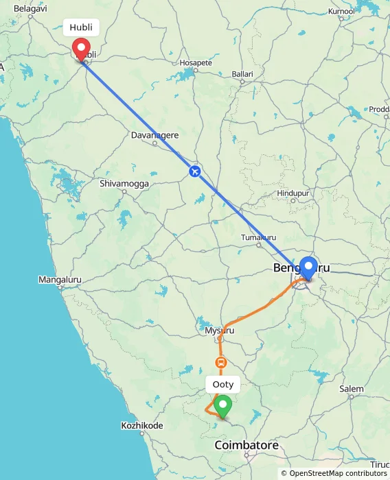 Route map showing distance and travel time from Ooty, India to Hubli, India