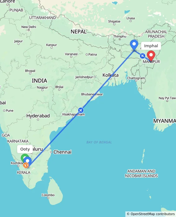 Route map showing distance and travel time from Ooty, India to Imphal, India