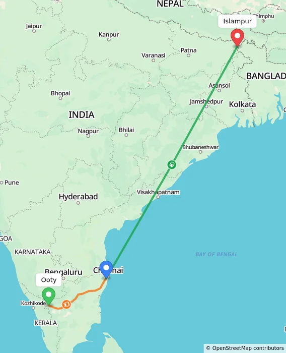 Route map showing distance and travel time from Ooty, India to Islampur, India