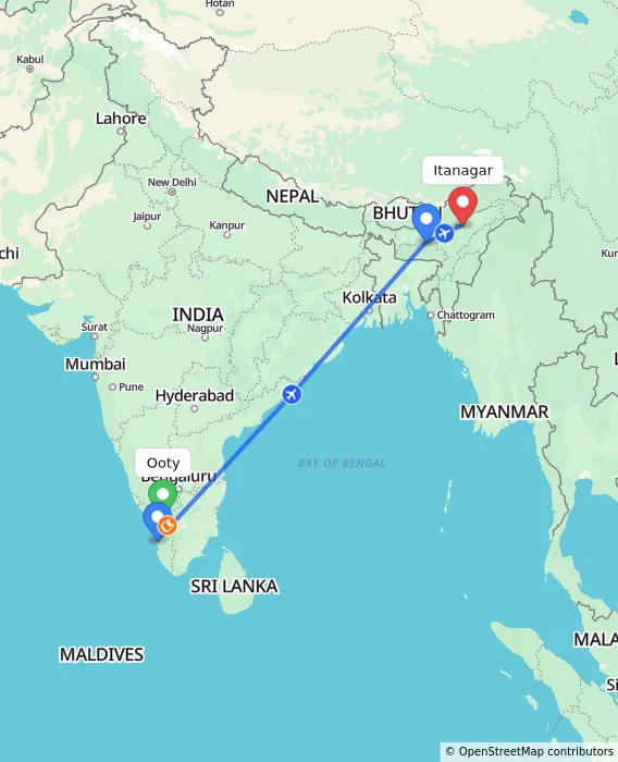 Route map showing distance and travel time from Ooty, India to Itanagar, India