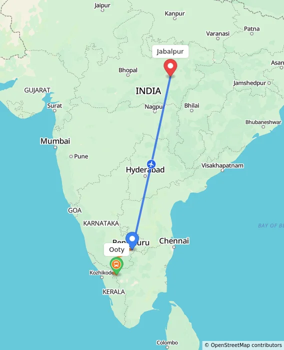 Route map showing distance and travel time from Ooty, India to Jabalpur, India
