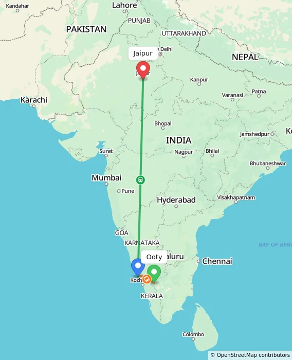 Route map showing distance and travel time from Ooty, India to Jaipur, India