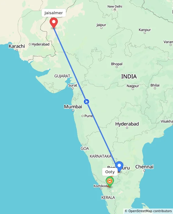Route map showing distance and travel time from Ooty, India to Jaisalmer, India