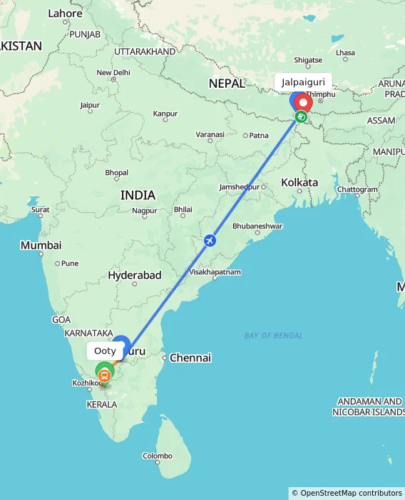 Route map showing distance and travel time from Ooty, India to Jalpaiguri, India