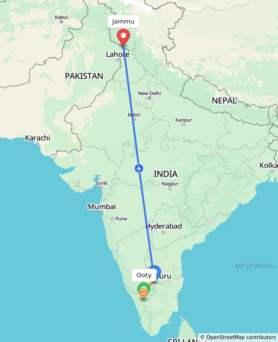 Route map showing distance and travel time from Ooty, India to Jammu, India