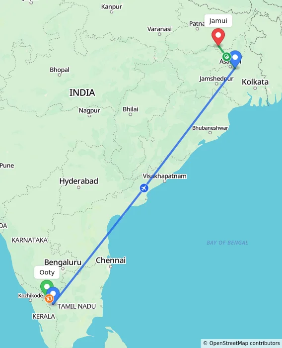 Route map showing distance and travel time from Ooty, India to Jamui, India
