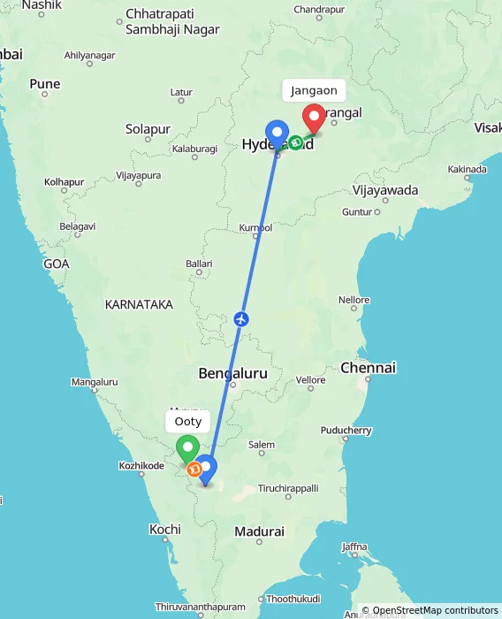 Route map showing distance and travel time from Ooty, India to Jangaon, India
