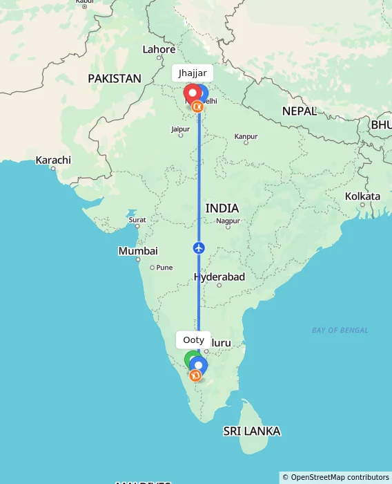 Route map showing distance and travel time from Ooty, India to Jhajjar, India