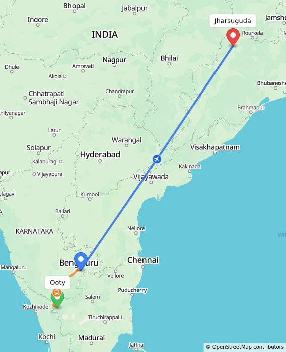 Route map showing distance and travel time from Ooty, India to Jharsuguda, India