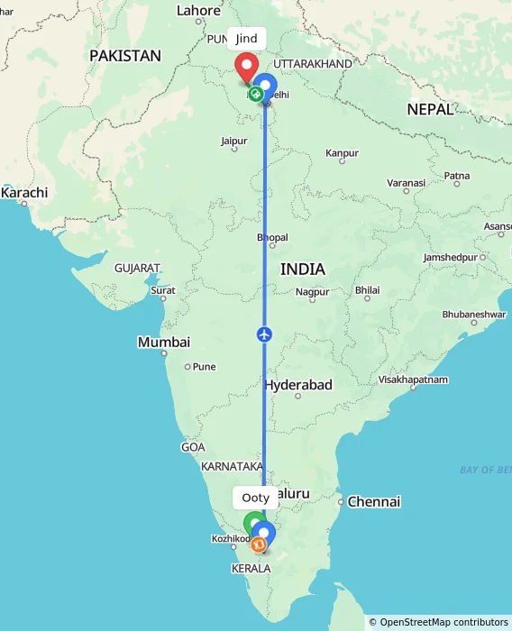Route map showing distance and travel time from Ooty, India to Jind, India