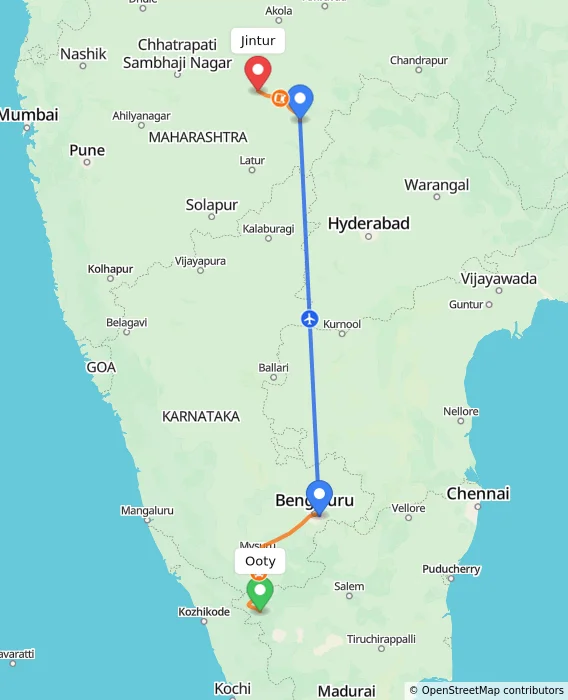Route map showing distance and travel time from Ooty, India to Jintur, India