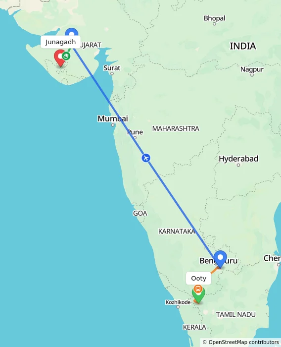 Route map showing distance and travel time from Ooty, India to Junagadh, India