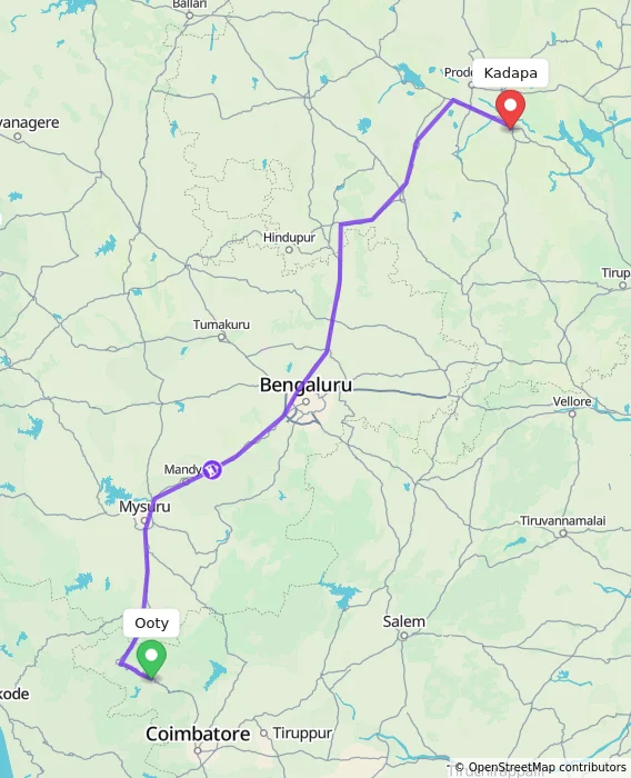Route map showing distance and travel time from Ooty, India to Kadapa, India