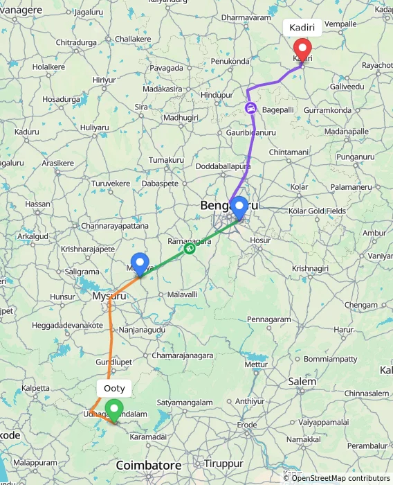 Route map showing distance and travel time from Ooty, India to Kadiri, India