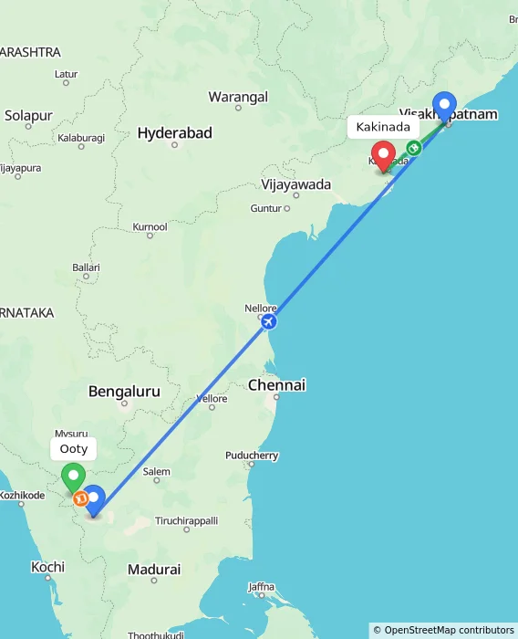 Route map showing distance and travel time from Ooty, India to Kakinada, India