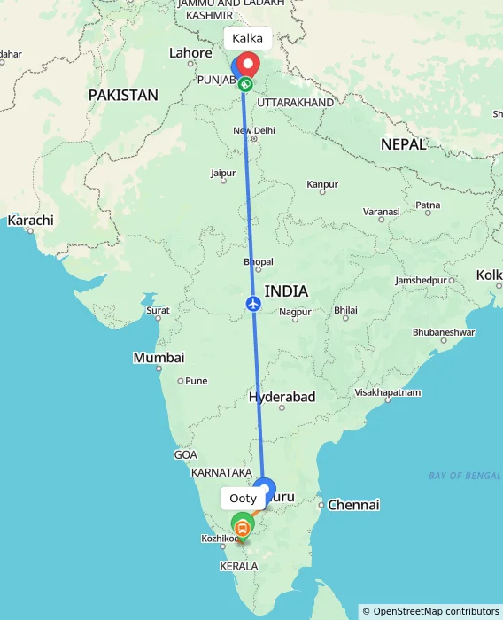 Route map showing distance and travel time from Ooty, India to Kalka, India