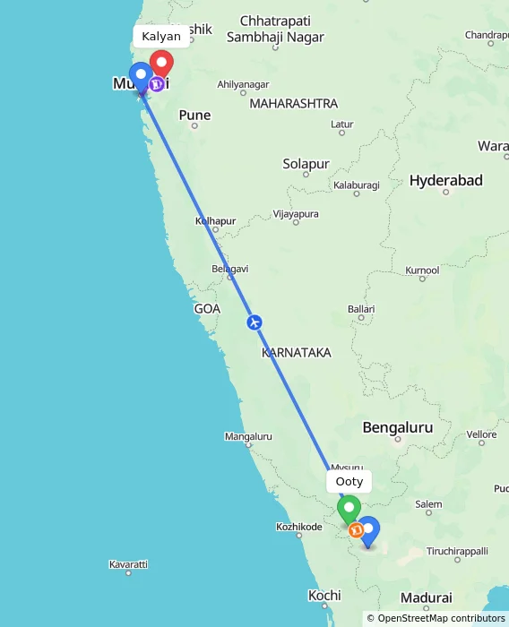 Route map showing distance and travel time from Ooty, India to Kalyan, India