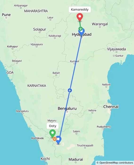 Route map showing distance and travel time from Ooty, India to Kamareddy, India