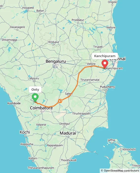 Route map showing distance and travel time from Ooty, India to Kanchipuram, India