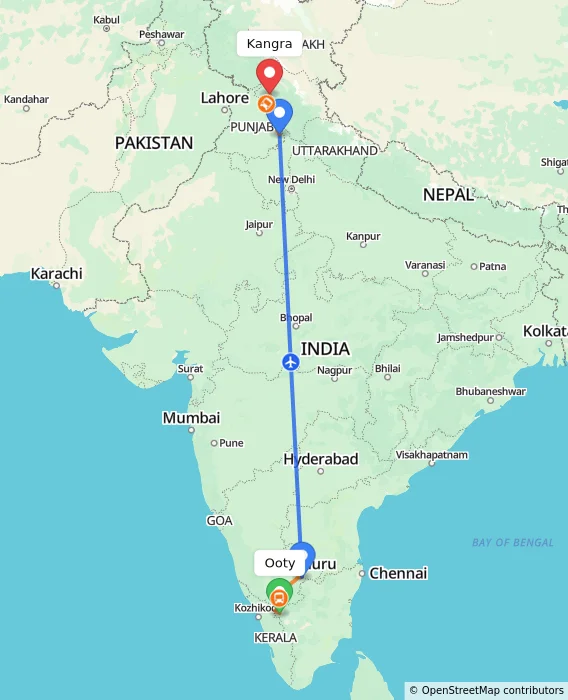Route map showing distance and travel time from Ooty, India to Kangra, India