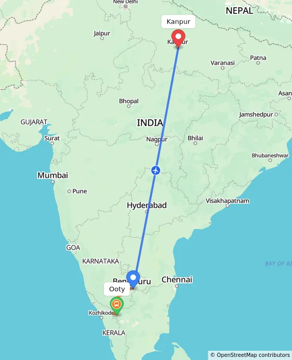 Route map showing distance and travel time from Ooty, India to Kanpur, India