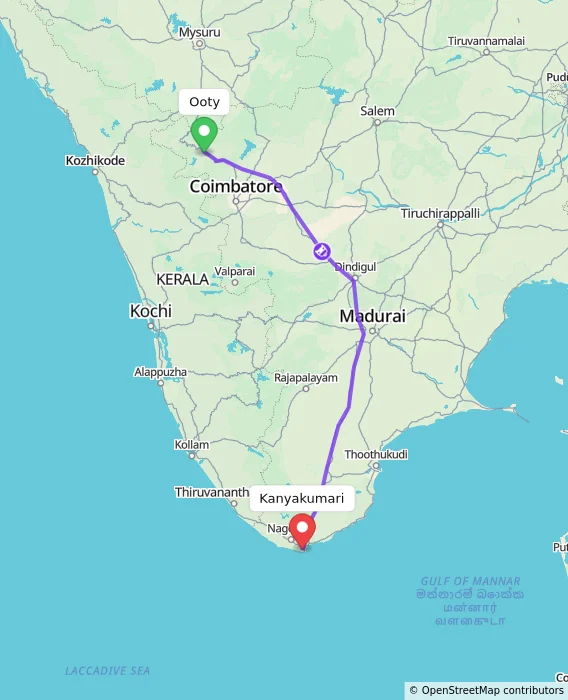 Route map showing distance and travel time from Ooty, India to Kanyakumari, India